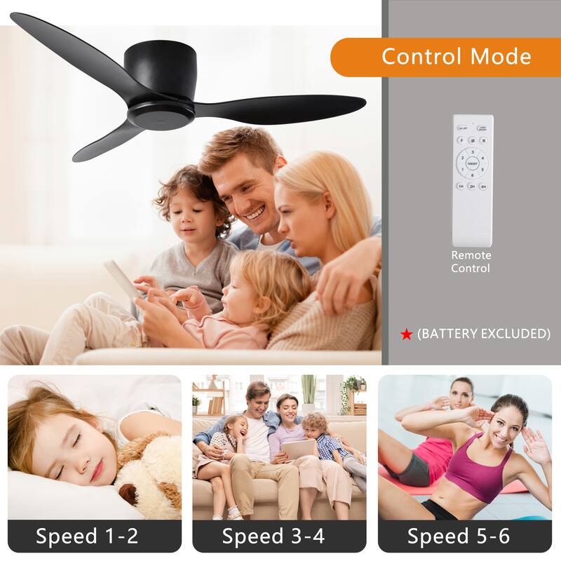 Flush Mount Ceiling Fan without Light, 42 Inch 6 Speed Low Profile Ceiling Fan with 3 Reversible Blades