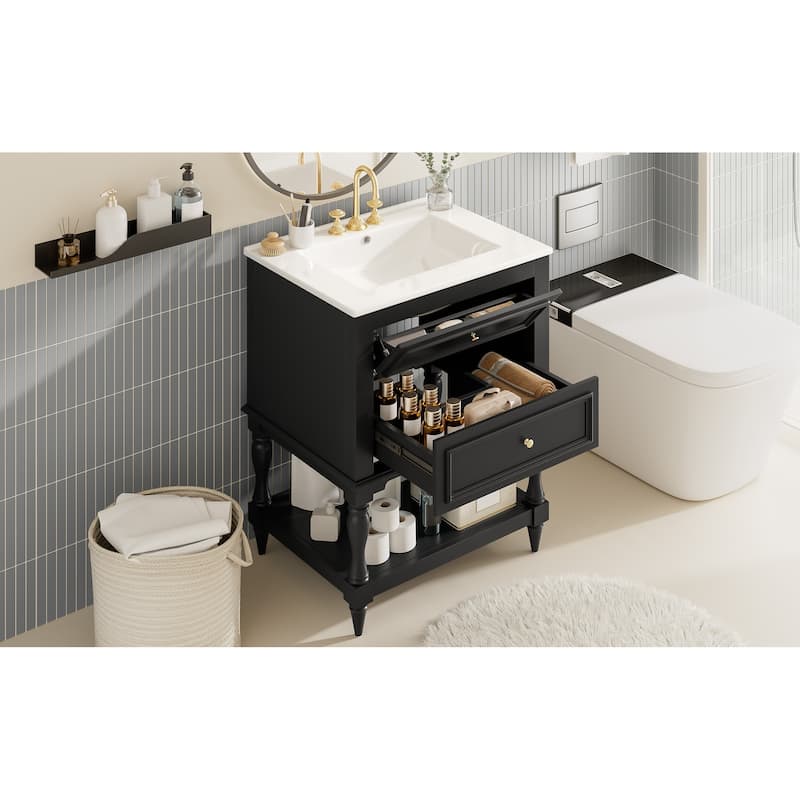 24" Bathroom Vanity with Ceramic Sink, Bathroom Storage Cabinet with Open Shelf, Retro Design Bathroom Cabinet with 2 Drawers