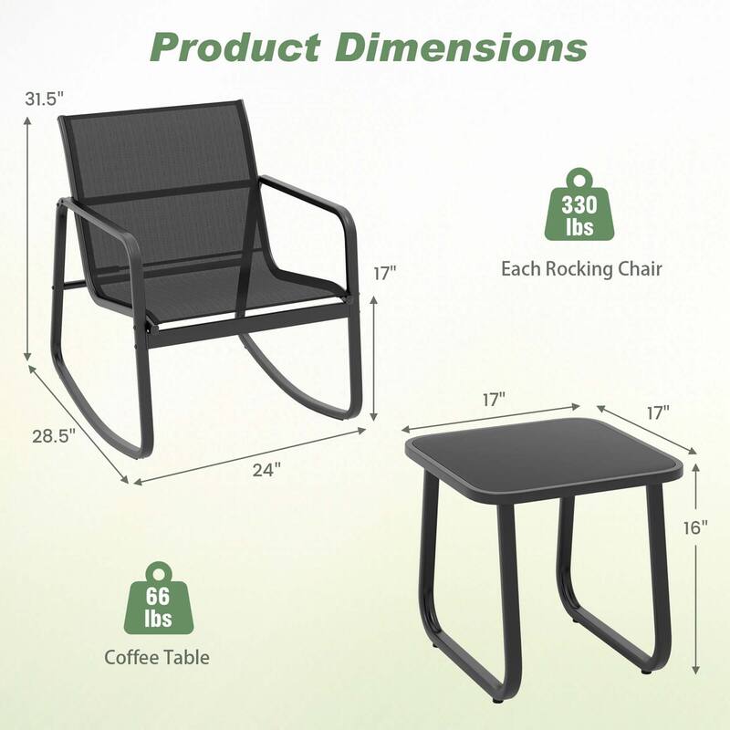 Costway 3 Piece Patio Rocking Set 2 Rocking Bistro Chairs & Glass-Top - See Details