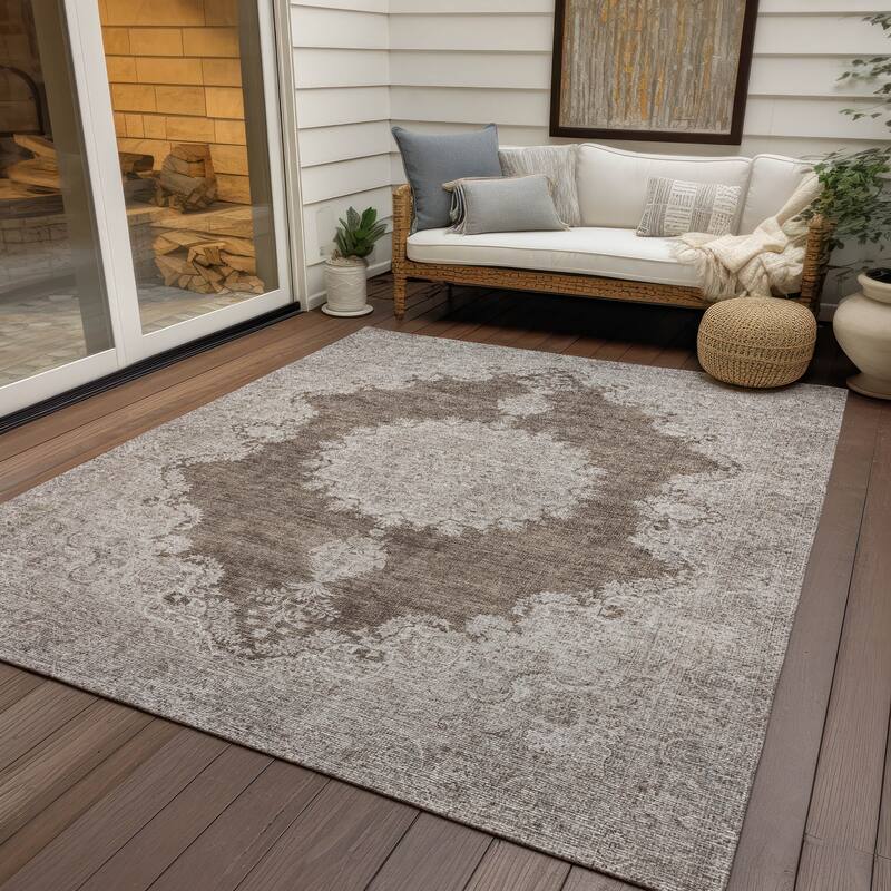 Machine Washable Indoor/ Outdoor Vintage Traditional Chantille Rug - Brown - 10' x 14'