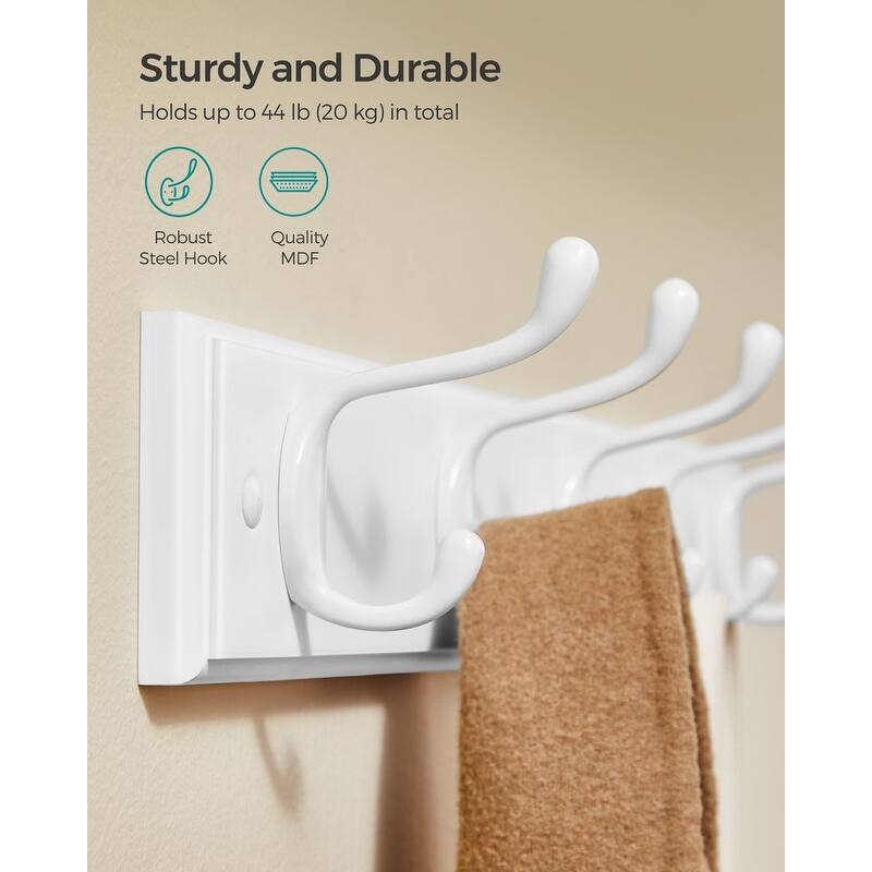 10-Hook Coat Rack Wall Mount Cloud White MDF Panel with Metal Hooks for Jackets and Scarves - 19.8"L x 2.8"W x 3"H