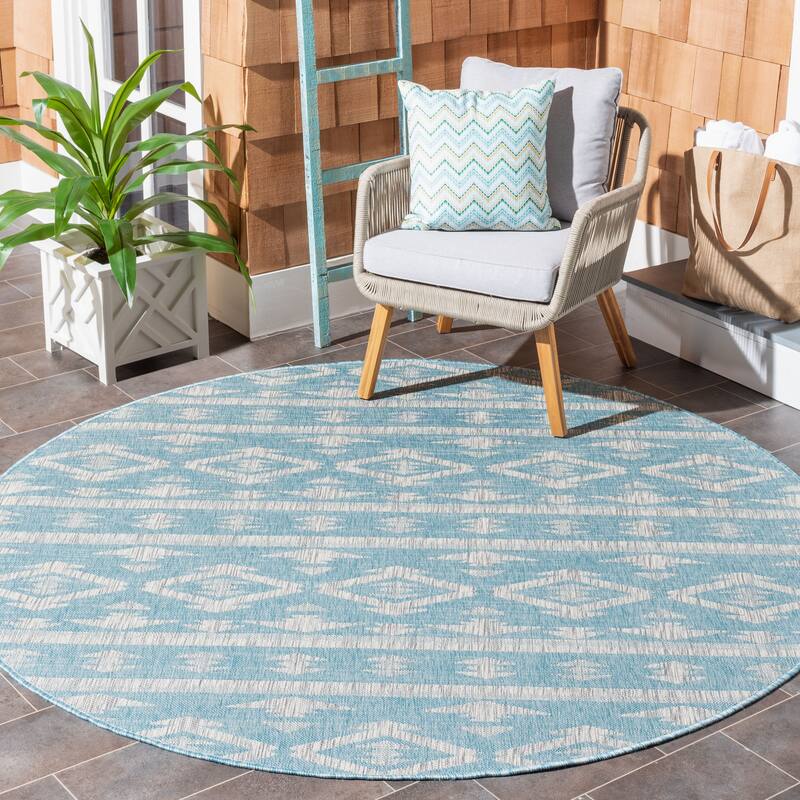 SAFAVIEH Courtyard Fraidel Indoor/ Outdoor Waterproof Patio Backyard Rug - 6'7" Round - Aqua/Grey