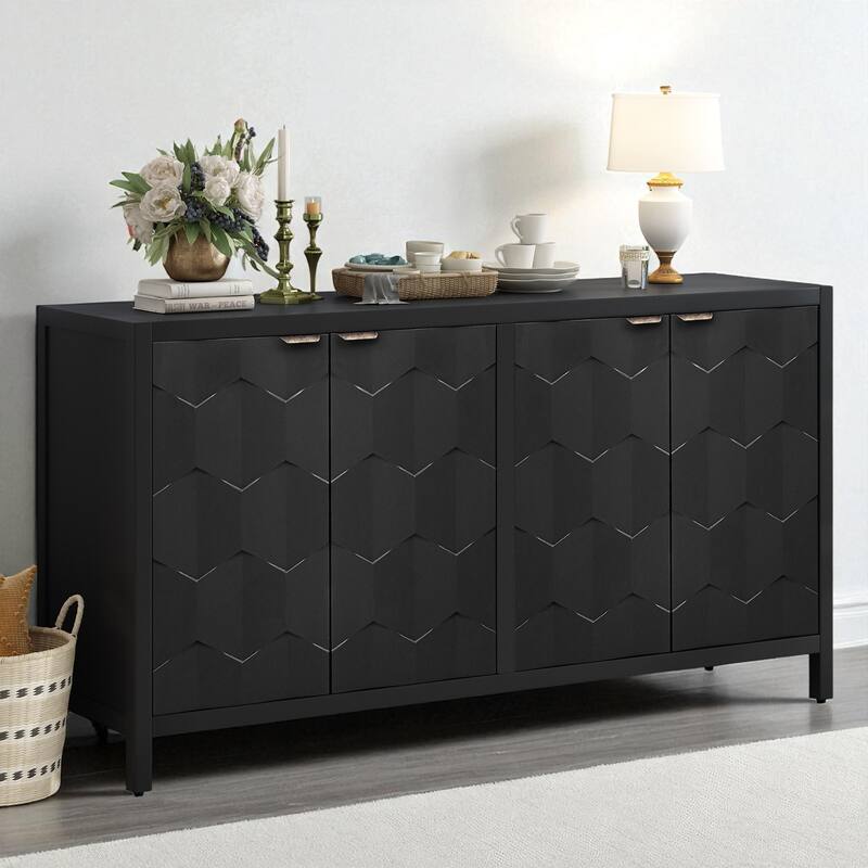 Luxurious Four-Door Sideboard with Honeycomb Pattern and Vintage Metal Handles - 59.60" MDF Cabinet