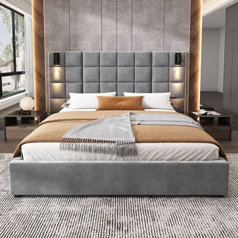 Queen Size Upholstered Bed Frame,With Wall Sconce And USB Port, Wide Headboard, Velvet, Gray