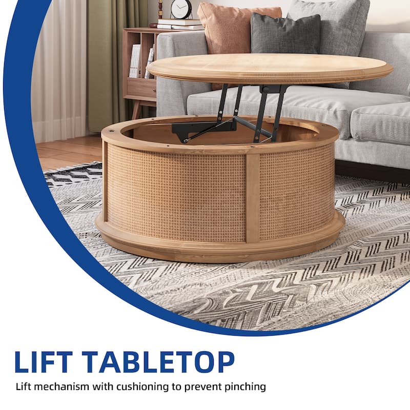 36"Round Rattan Drum Lift Top Coffee Table - 36"Lx36"Wx18"H