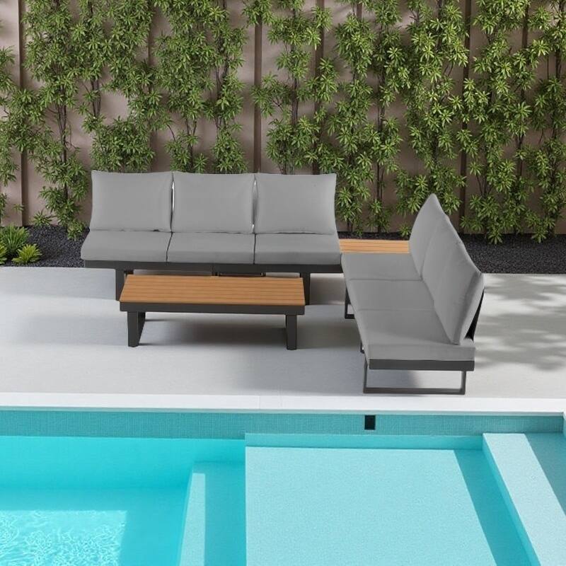 Outdoor Sectional Sofa Set with Adjustable Reclining Seats, Coffee Tables & Hidden Side Tables - Grey