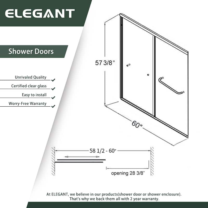 Elegant Double Slidng Shower Door 60 in.W x 57.4 in. H for Bathtub with 1/4 in. Tempered Glass in Chrome Finish