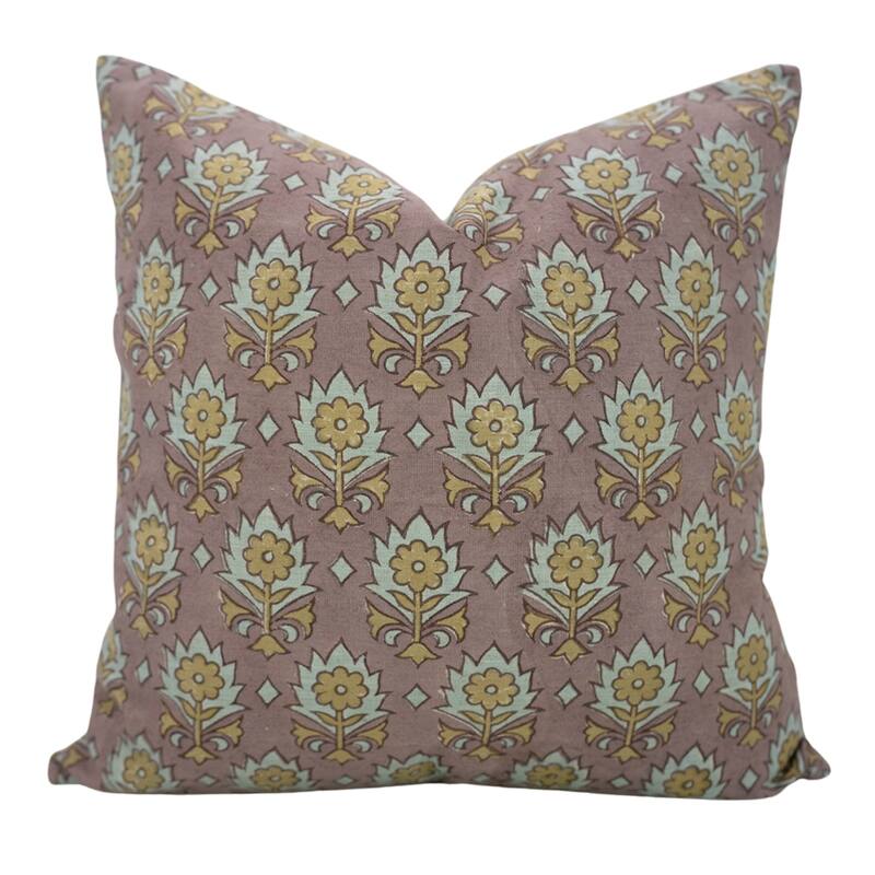 Fabdivine Floral Throw Fall Summer Décor Pink Pillow Cover Handmade Linen, for Farmhouse Guest Room or Couch, Custard Apple - Kusum- Brown, Yellow - 26" x 26" - Pillow Covers