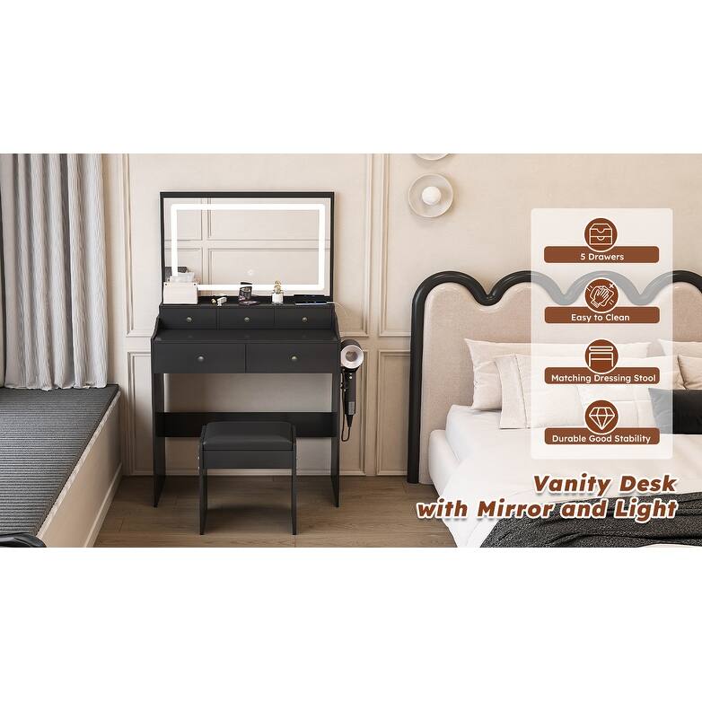 Large Mirror Vanity Desk for Bedroom, Modern Makeup Vanity with Power Outlet and Hair Dryer Holder, Dressing Table & Stool Set - Black