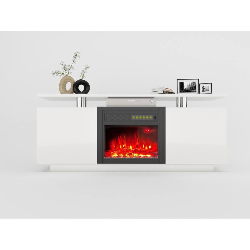 70" High Gloss TV Stand with Built-In Electric Fireplace, 9-Color Flame, Storage Shelves & Remote, for 80" TVs