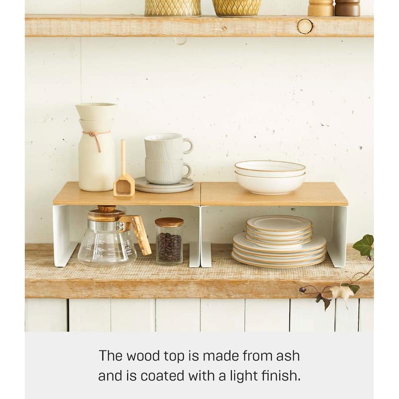 Yamazaki Home Stackable Countertop Shelf - Two Sizes, Steel and Wood, Large, Stack up to two, Holds 11 lbs