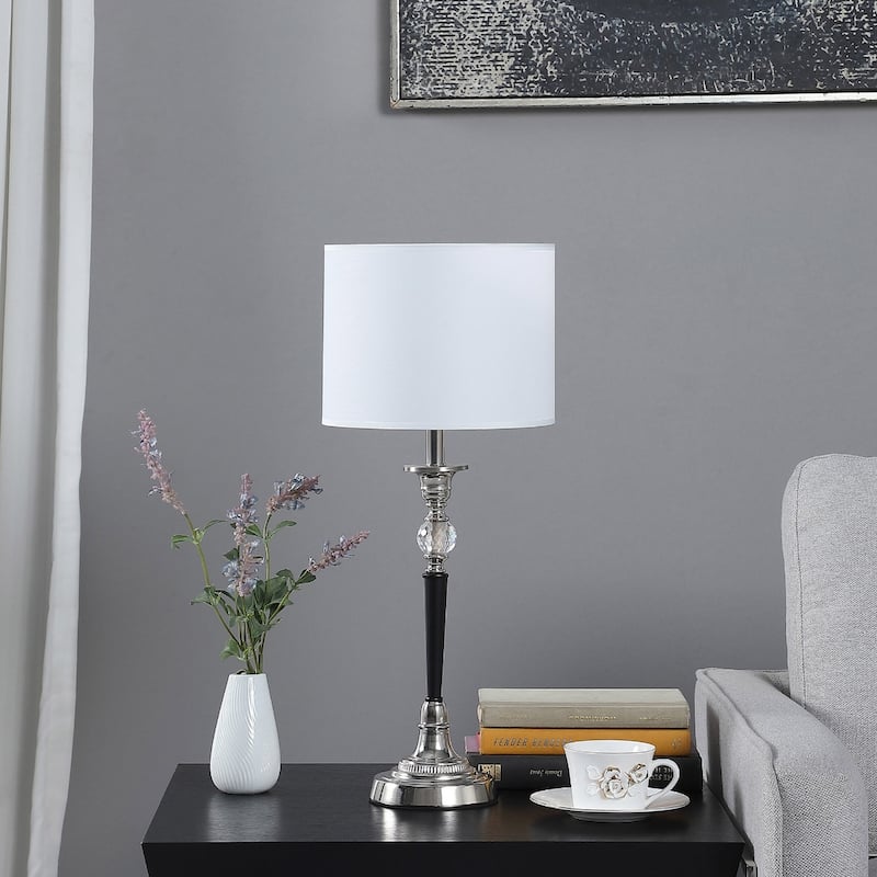 23" Modern Bedside Table Lamp with Crystal and Metal Base and White Drum Shade for Bedroom or Living Room