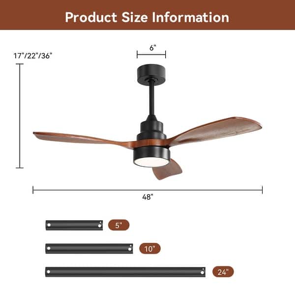 dimension image slide 12 of 13, Sofucor 48/52 Inch Solid Wood Ceiling Fan with Light Optional, 6-Speed Reversible DC Motor and Remote control,Smart Optional