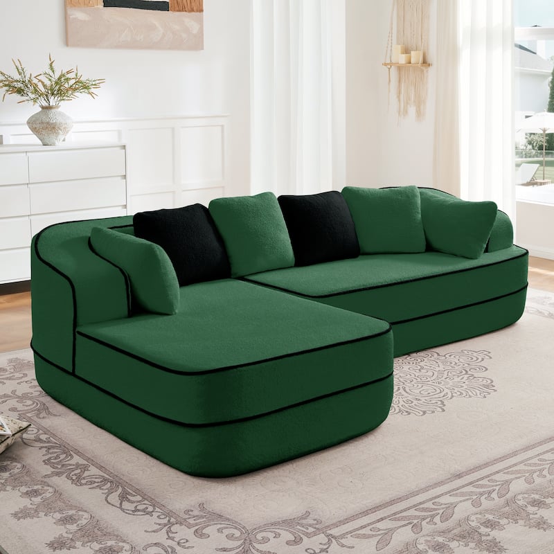 Roomfitters No Assembly Modular Sofa, 106 Inch Teddy Fabric Floor Couch with Chaise, Green