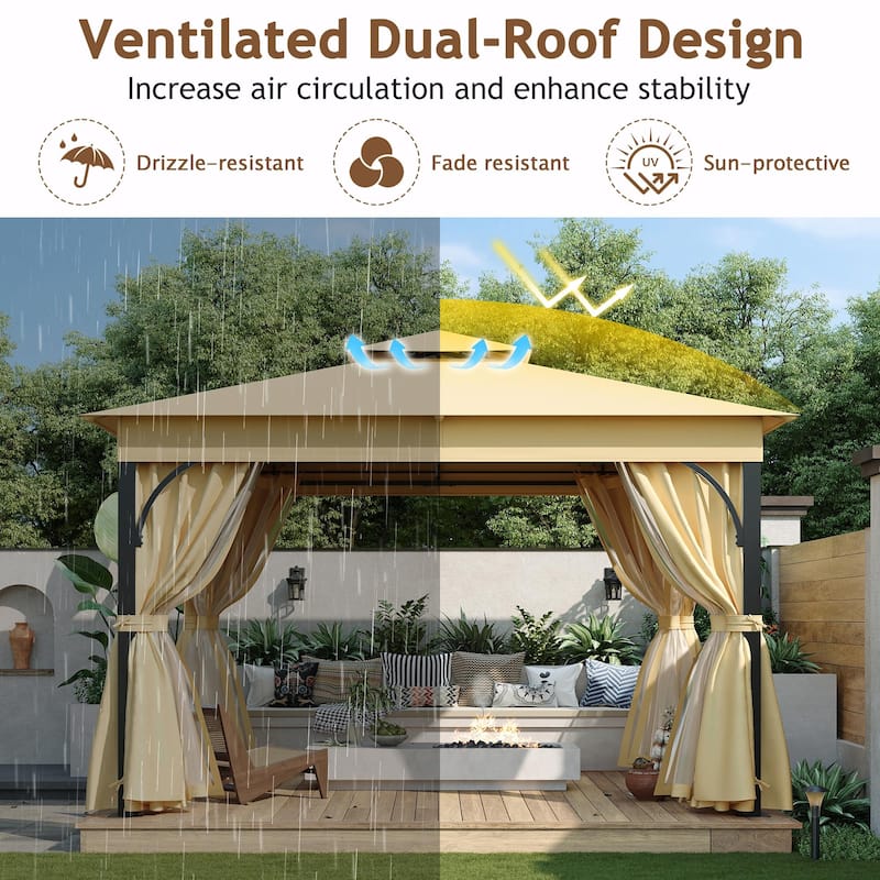 Outdoor Gazebo Tent with Double Roof, Mosquito Netting & Privacy Screens