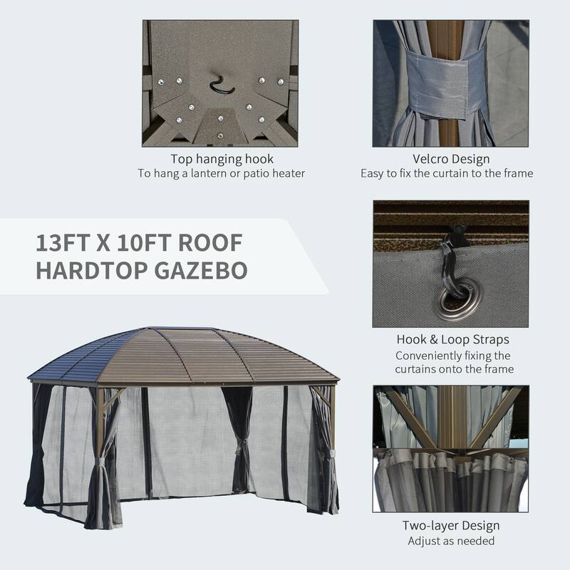 Outsunny 10x13 Hardtop Gazebo, Permanent Metal Roof Gazebo Canopy Arc with Aluminum Frame