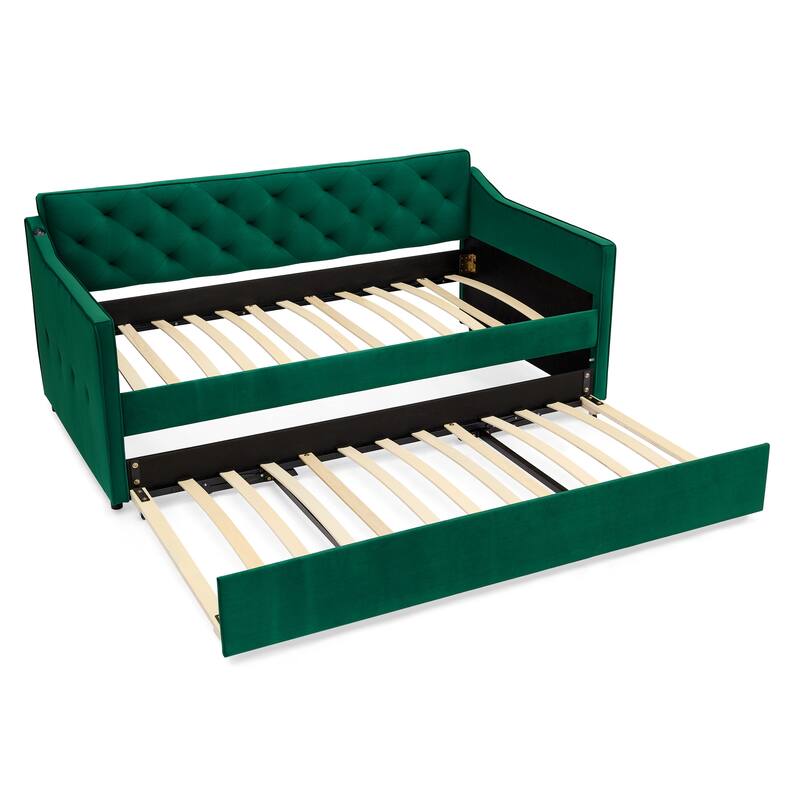 Twin Upholstered Daybed with Pop-Up Trundle & USB Charging Ports