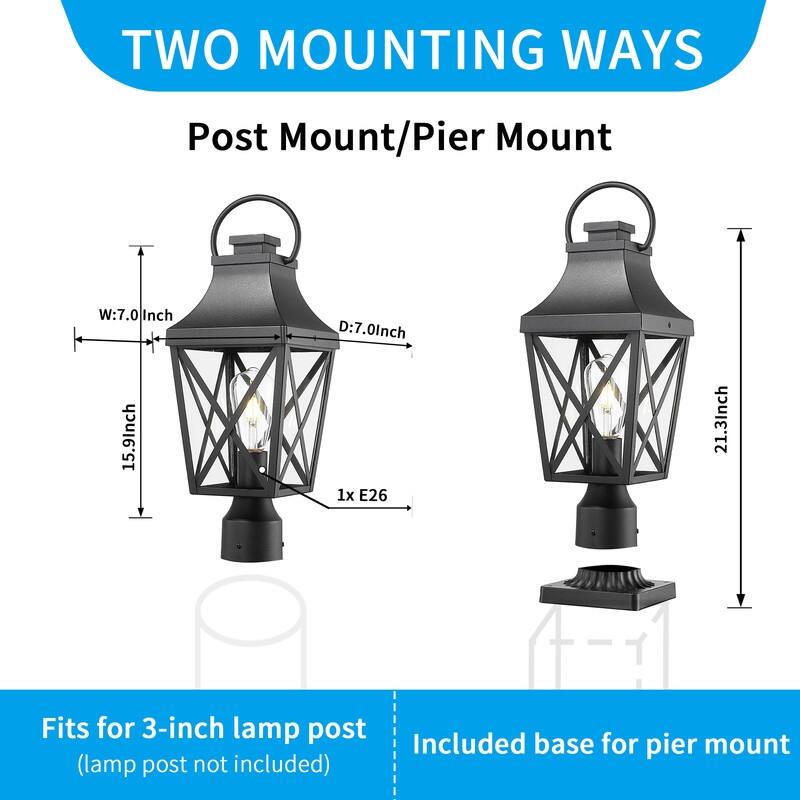 Garden & Yard Post Light - 20.3" Outdoor Lamp Fixture with Pier Mount Base, Textured Black, for Entrances & Walkways (1 Pack)
