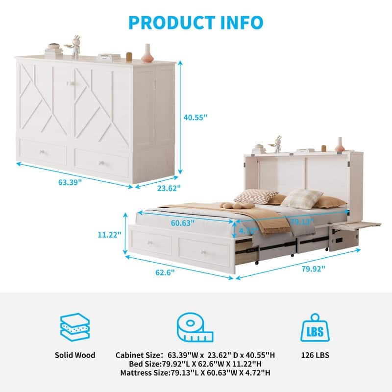 Mixoy Modern Queen Murphy Bed Chest with Foldable Mattress and USB ports