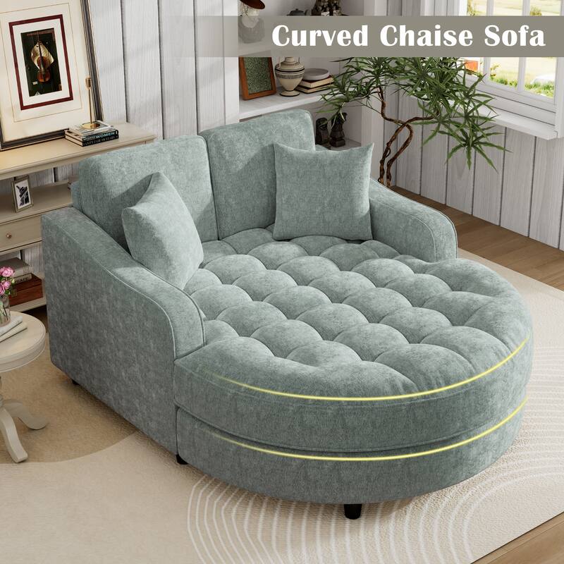 55" Misty Green Chenille Chaise Lounge Sofa Bed with Tufted Seat and Detachable Pillows