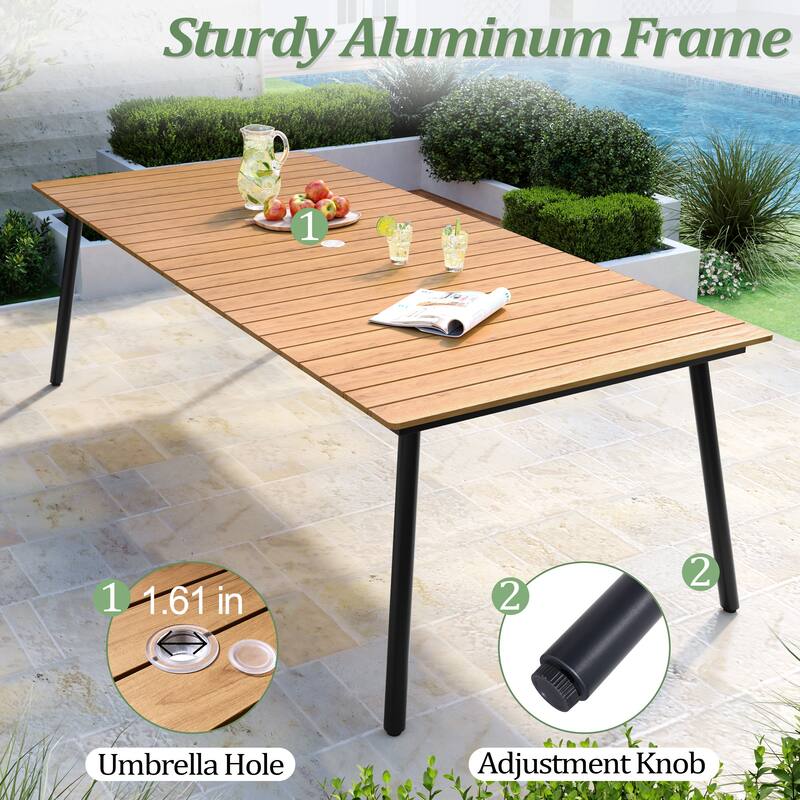 Outdoor 9PC- Patio Rectangular Aluminum Dining Table Sets with Umbrella Hole with Rattan Chair