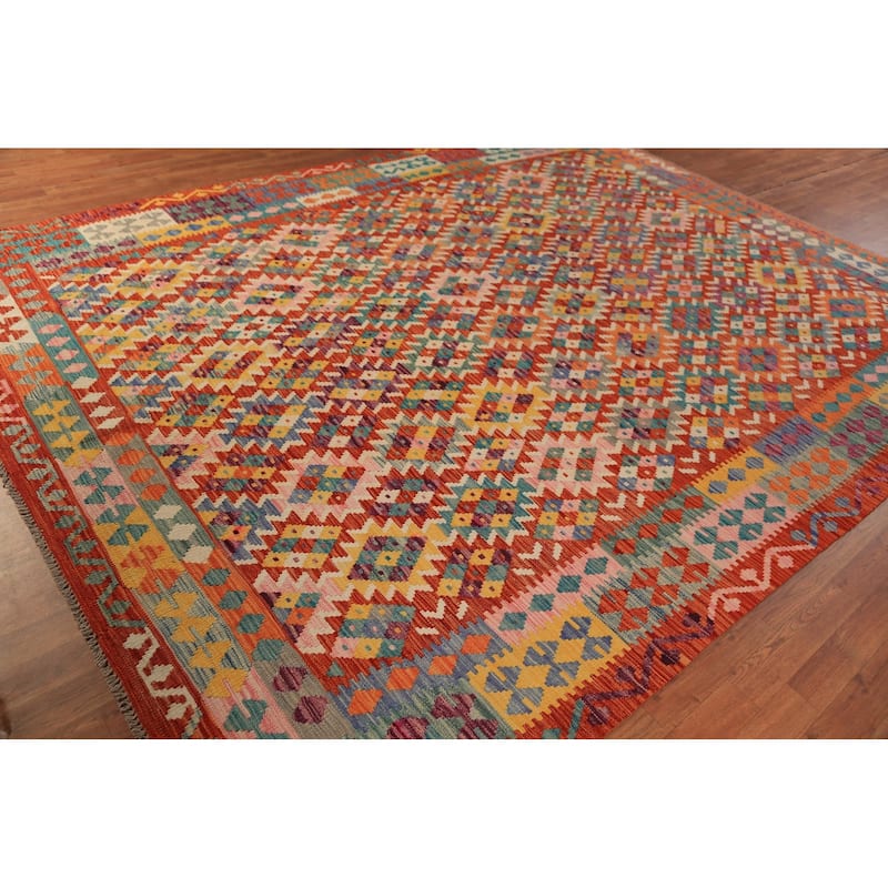 Tribal Orange Kilim Oriental Area Rug Hand-Woven Wool Carpet - 8'9"x 11'6"