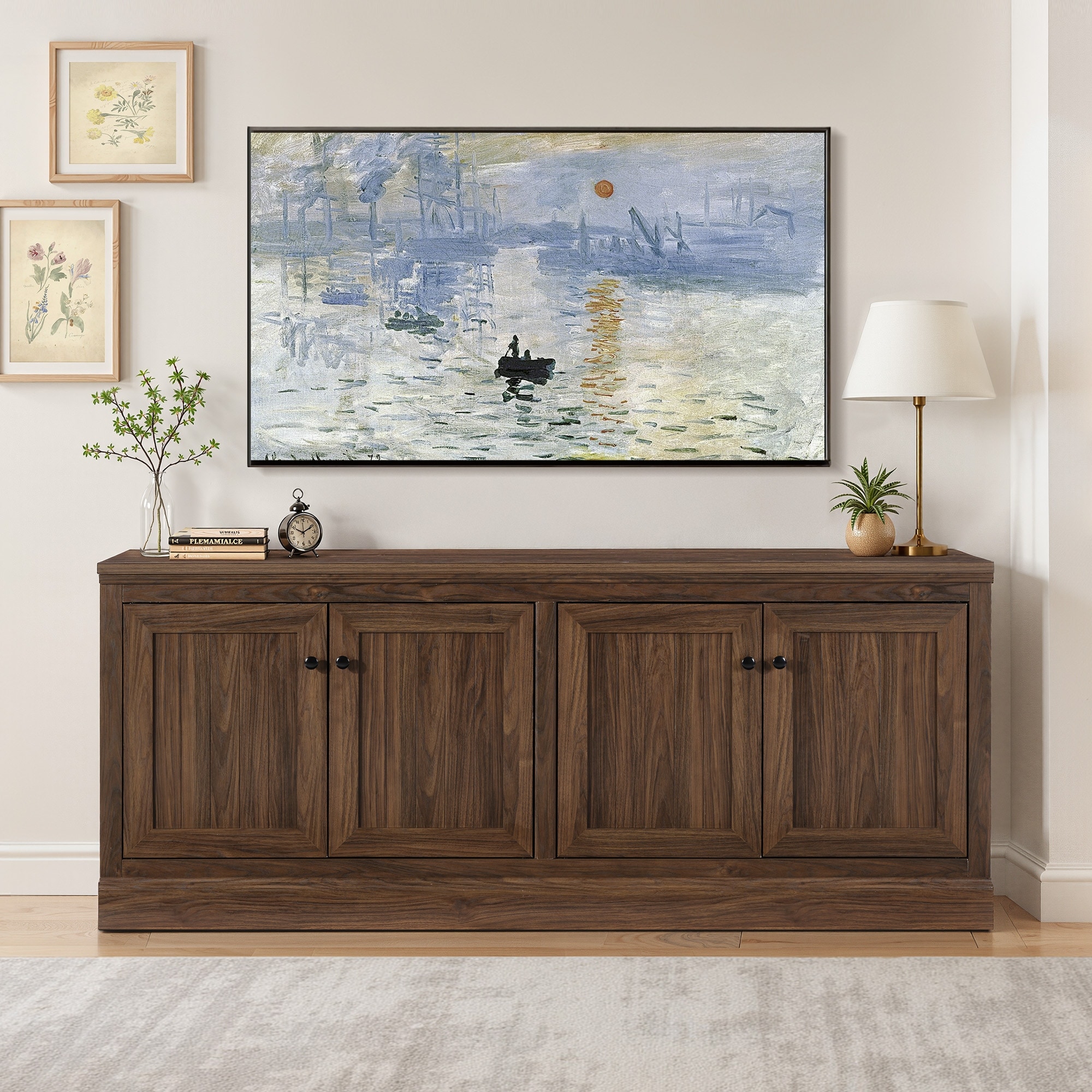 72 Inch Sideboard with Storage Cabinets, Minimalist TV Stand for Living Room, Dark Walnut - 72"W X 14.9"D X 30.1"H