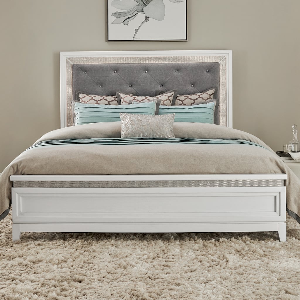 Reflections Pearl White Rhinestone Upholstered Panel Headboard with Lights - King, Queen, Full, Twin