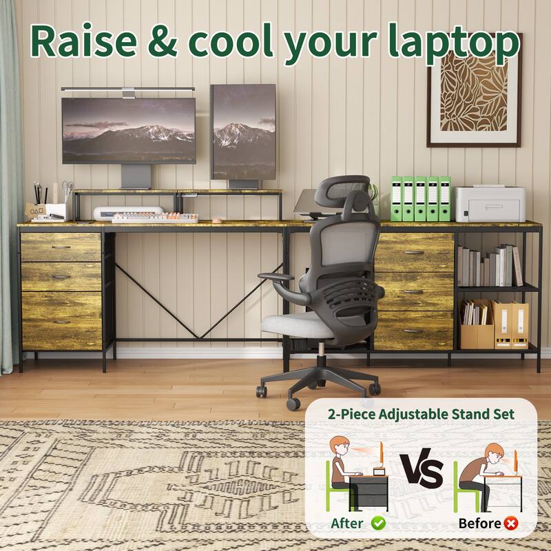 Industrial L-Shaped Desk with Power Outlets, 6 Fabric Drawers & 3 Shelves, Large Corner Office Gaming Desk