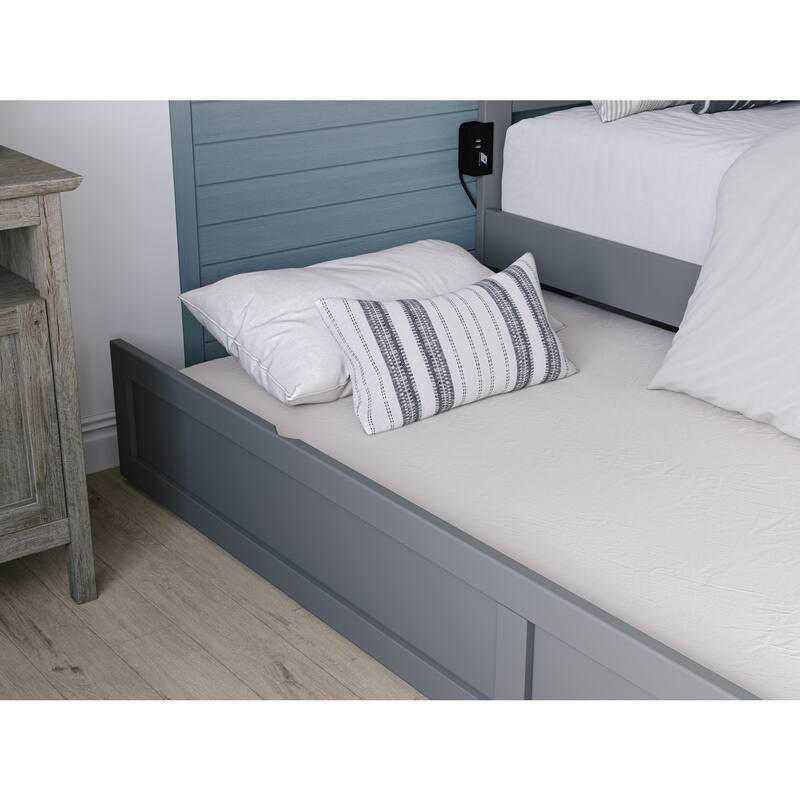 Full Platform Bed with Trundle & Charging Station - Grey Twin Size, Easy Assembly
