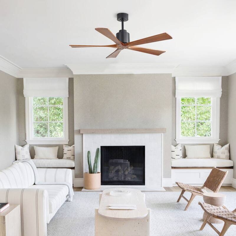 52-inch Matte Black Ceiling Fan without Light, Walnut Wood Blades, Remote Control, Reversible DC Motor
