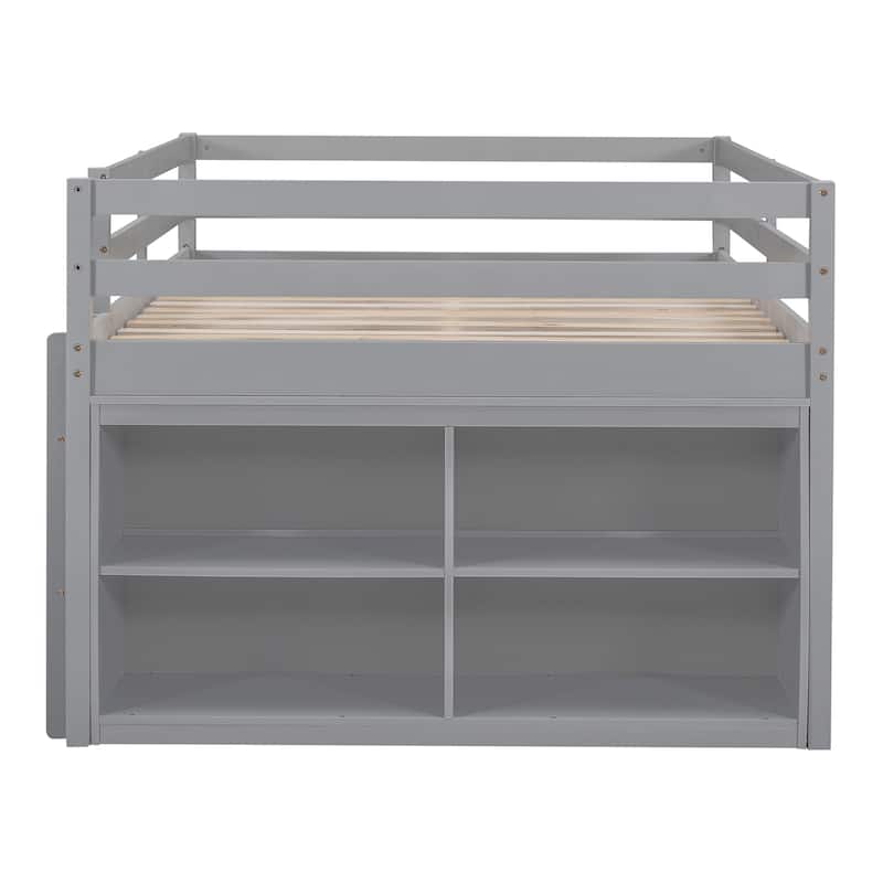 Solid Wood Loft Bed with Retractable Writing Desk and 4 Drawers, Lateral Portable Desk and Shelves