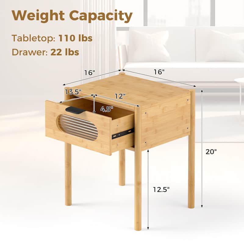 Gymax 2PCS Bamboo Nightstand Farmhouse Bedside Table w/ Tempered Glass