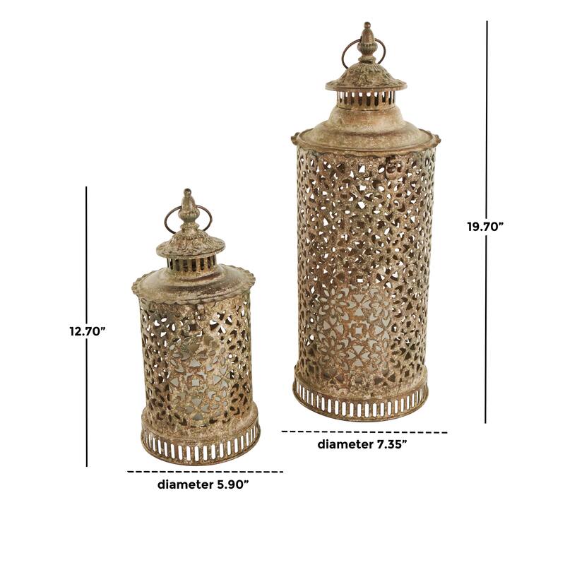 Brown Metal Distressed Vintage Inspired Ornate Scroll Candle Lantern (Set of 2)