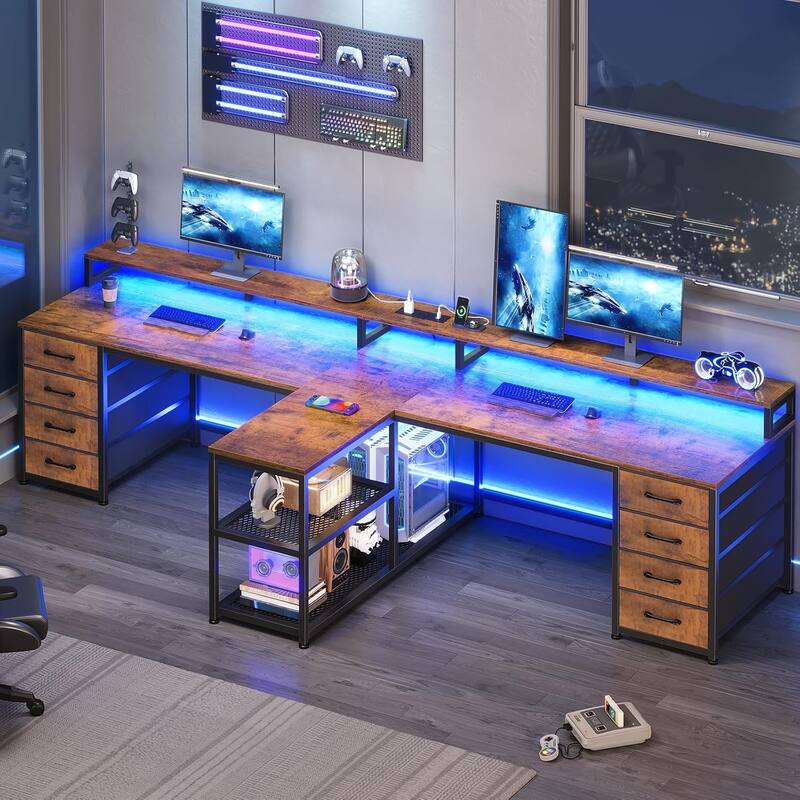 94.5" Two Person Desk with 8 Fabric Drawers Gaming Desk LED Lights - Brown