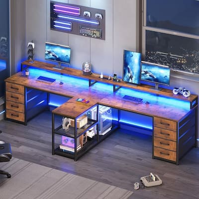 94.5" Two Person Desk with 8 Fabric Drawers Gaming Desk LED Lights