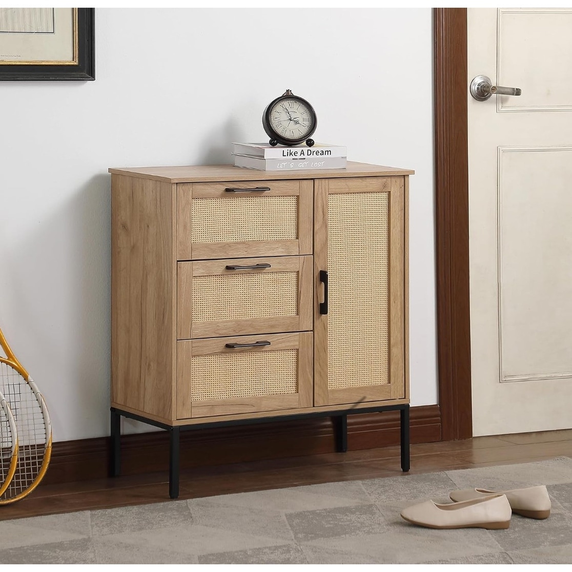 Mid - Century Style Storage Cabinet: 3 Drawers, Rattan Doors, Adjustable Shelves, Ideal for Living