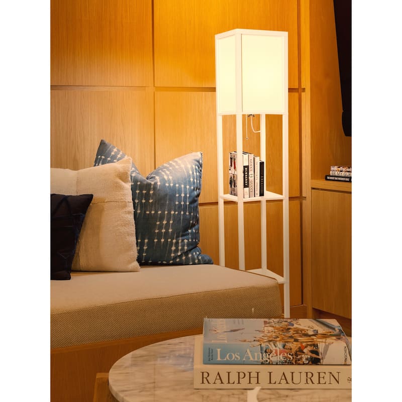 Brightech Maxwell 63 in. White Traditional LED Super Bright 3-Shelf Floor Lamp with White Fabric Square Shade