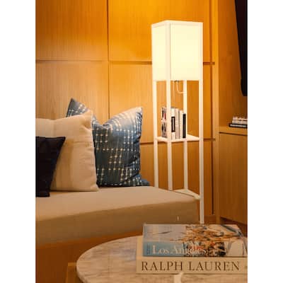 Brightech Maxwell 63 in. White Traditional LED Super Bright 3-Shelf Floor Lamp with White Fabric Square Shade
