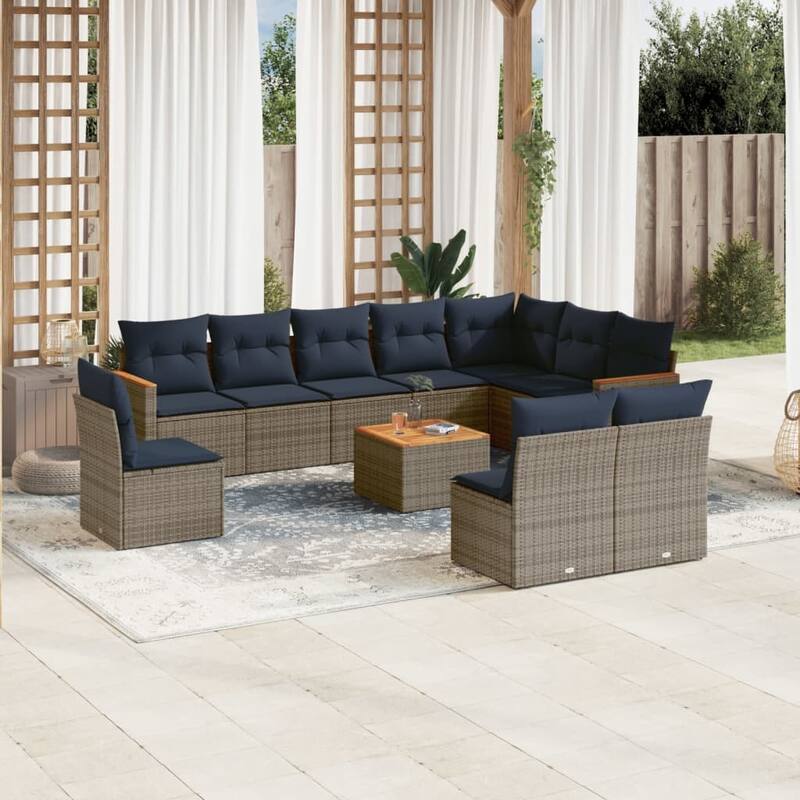 vidaXL Patio Sofa Set with Cushions Outdoor Conversation Furniture Poly Rattan - 24.4x 24.4x 27.2 - Grey and Blue-With table