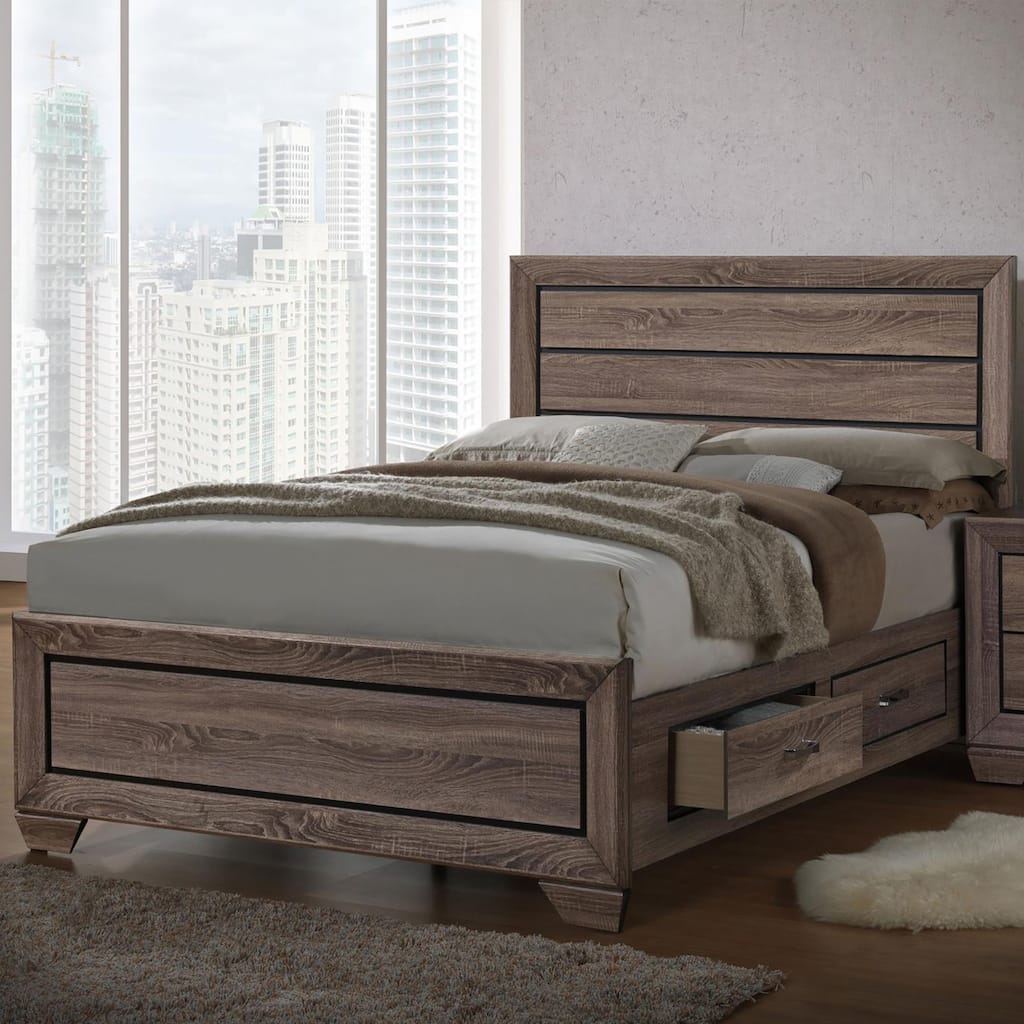 Queen Storage Bed with Washed Taupe Finish and Rustic Contemporary Design