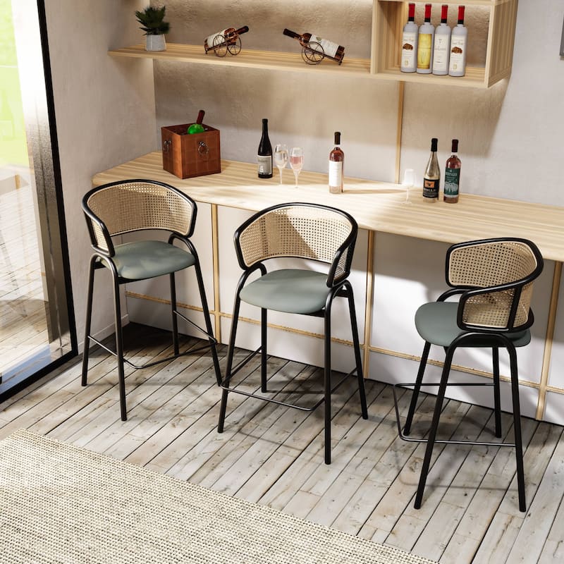 LeisureMod Ervilla Modern Wicker Leather Bar Stool with Curved Back & Stainless Steel Frame for Home & Kitchen