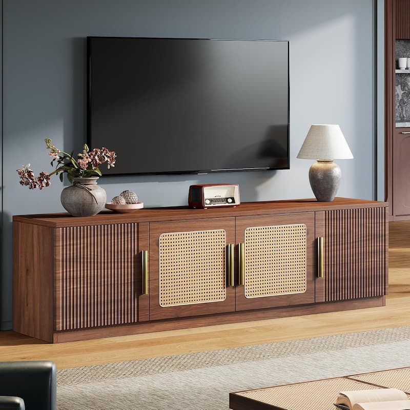 70.9" TV Console, Rattan Entertainment Center with 6 Storage Shelf and Cabinet - 70.87" W x 13.78" D x 17.72" H