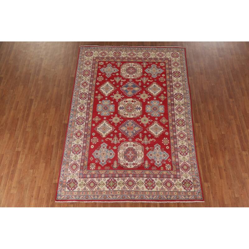 Hand Knotted Oriental 100% Wool Carpet Traditional Geometric Red Kazak Area Rug - 10' 0'' X 6' 11''