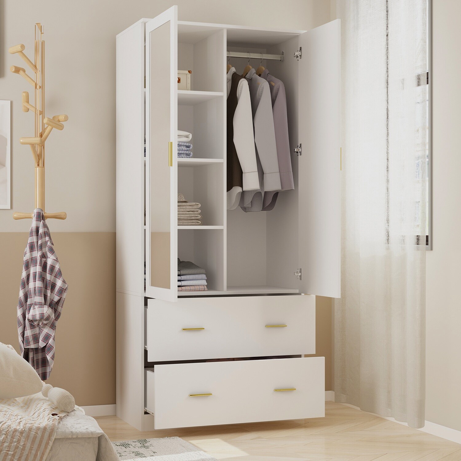 Kerrogee Bedroom Armoire Wardrobe with Mirror and Storage Drawers for Organized Spaces-image