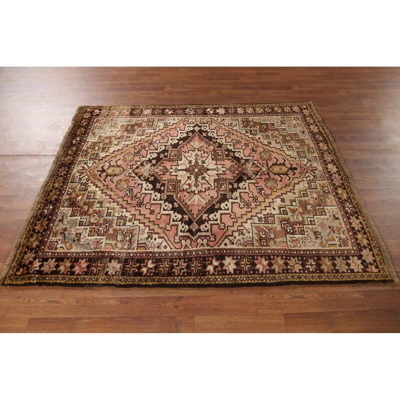 Geometric Heriz Persian Square Area Rug Handmade Wool Carpet - 4'7"x 5'5"