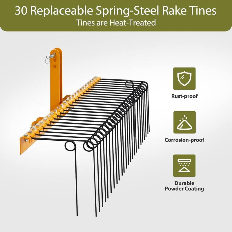 72 Inch Pine Straw Rake, 30 Coil Spring Tines Durable Powder