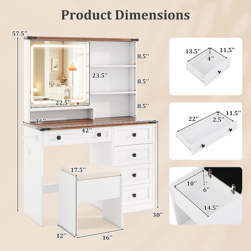 Gymax Farmhouse Vanity Set w/ Mirror and Lights Dressing Table & Chair