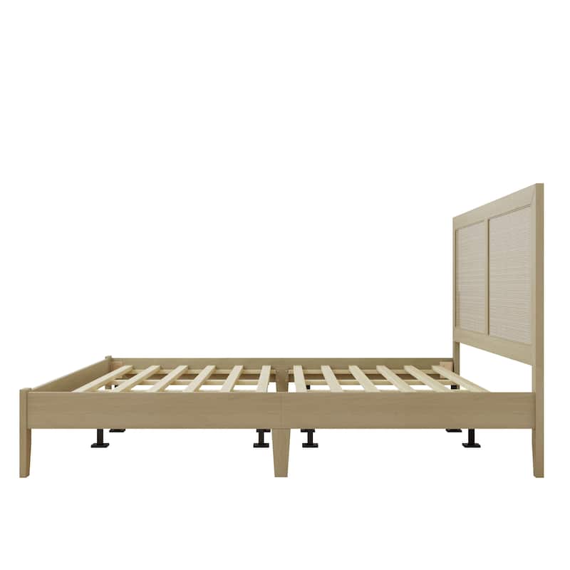 Solid Wood Platform Bed, Queen/King Bed Frame with Rattan Headboard