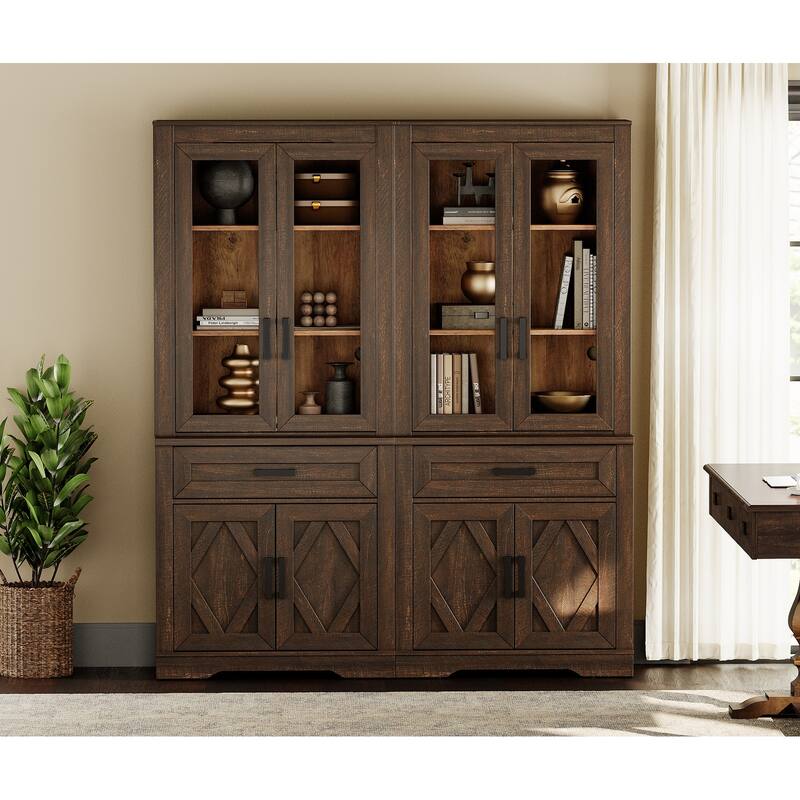 5 Tier Bookcase with Barn Door,73.3" Tall Open Storage Bookshelf - Espresso